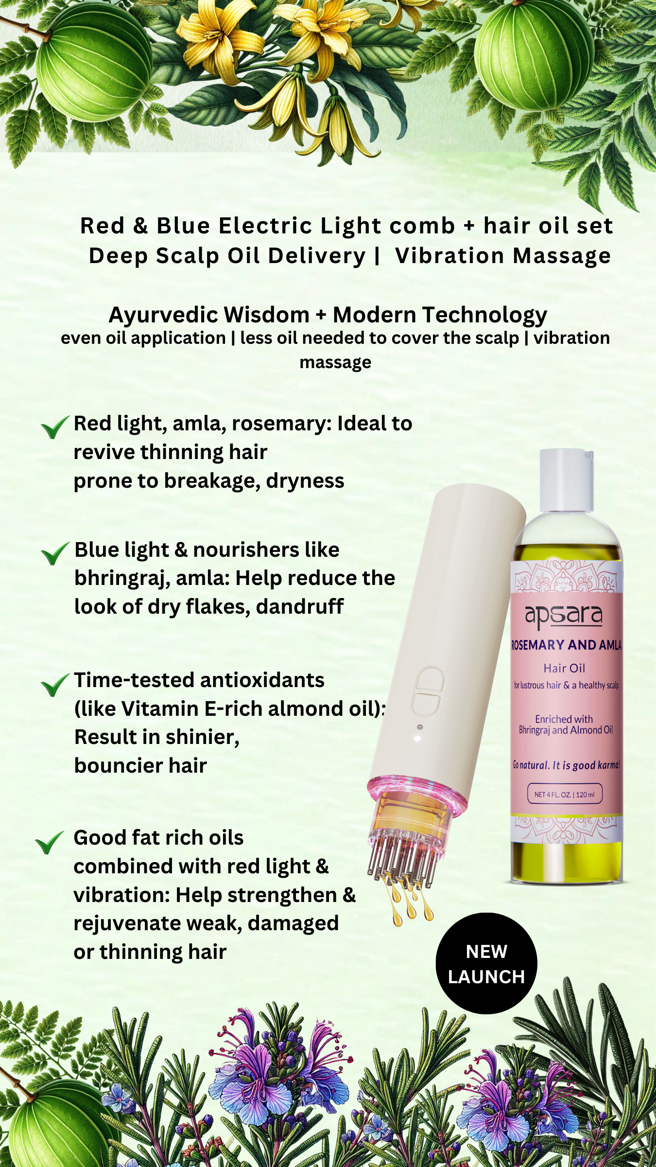 Red &amp; Blue Light Vibration Comb &amp; Hair Oil Set (New Launch 